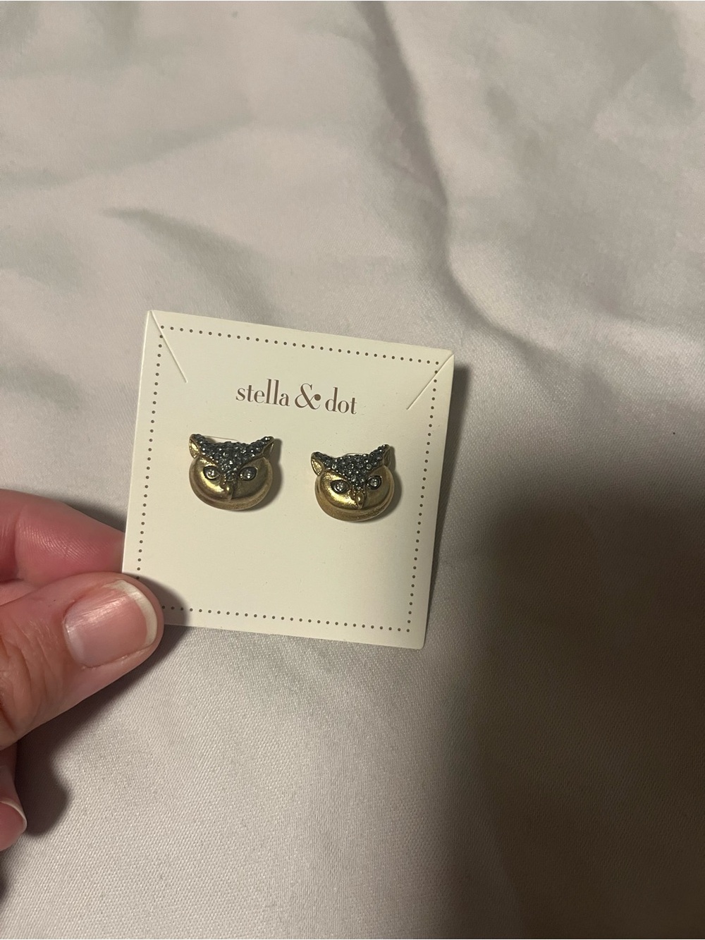 Stella & Dot Gold and Hematite Owl Stud Earrings - Picture 2 of 2